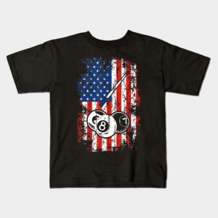 Billiards American Flag Cue Pool Balls Billiard Player Kids T-Shirt